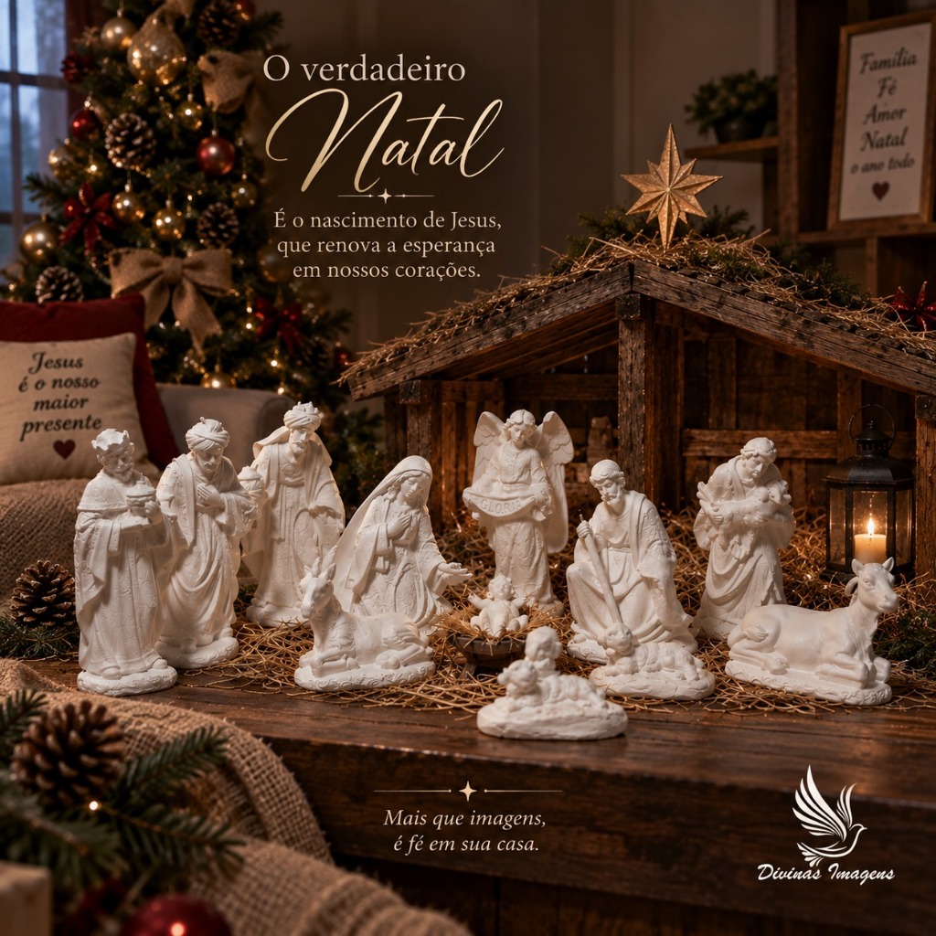 Presépio de Natal Luxo Completo 15 cm – Gesso Cru Rico em Detalhes Perfeitos para Pintura e Decoração
