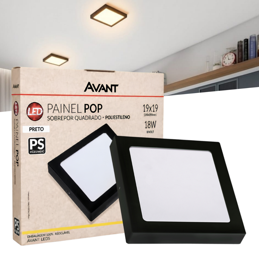 Luminária Painel Plafon Led 18W Preto Quadrado Sobrepor Avant Branco Quente 3000K Bivolt