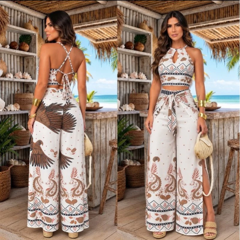 Conjunto Calça Envelope Pantalona Forrada Cropped Com Bojo Estampada — imagem 1