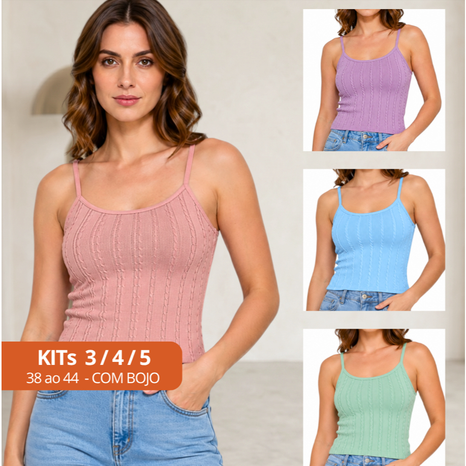 KIT com 5 Blusinhas Texturizada Anarruga Alça Fina com Bojo Várias Cores Tamanho Veste 38 ao 44 Tons Pasteis