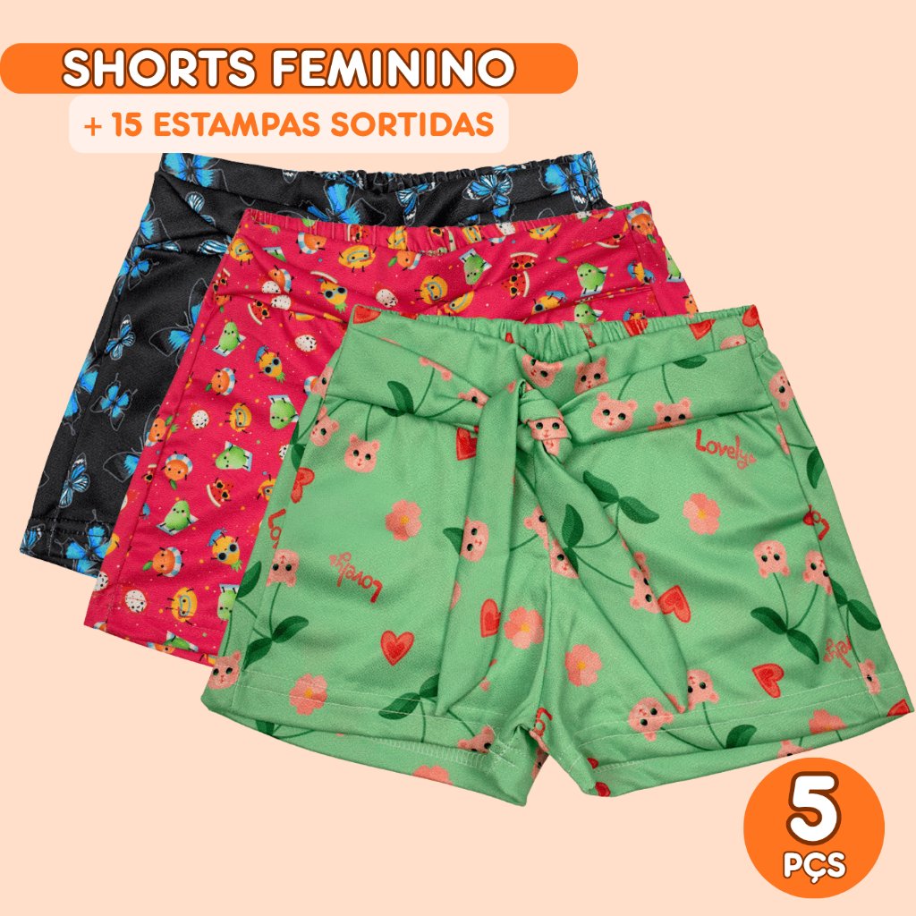 Kit 5 Shorts Infantil Menina Bermuda verão infantil dia a dia estampas coloridas Barato