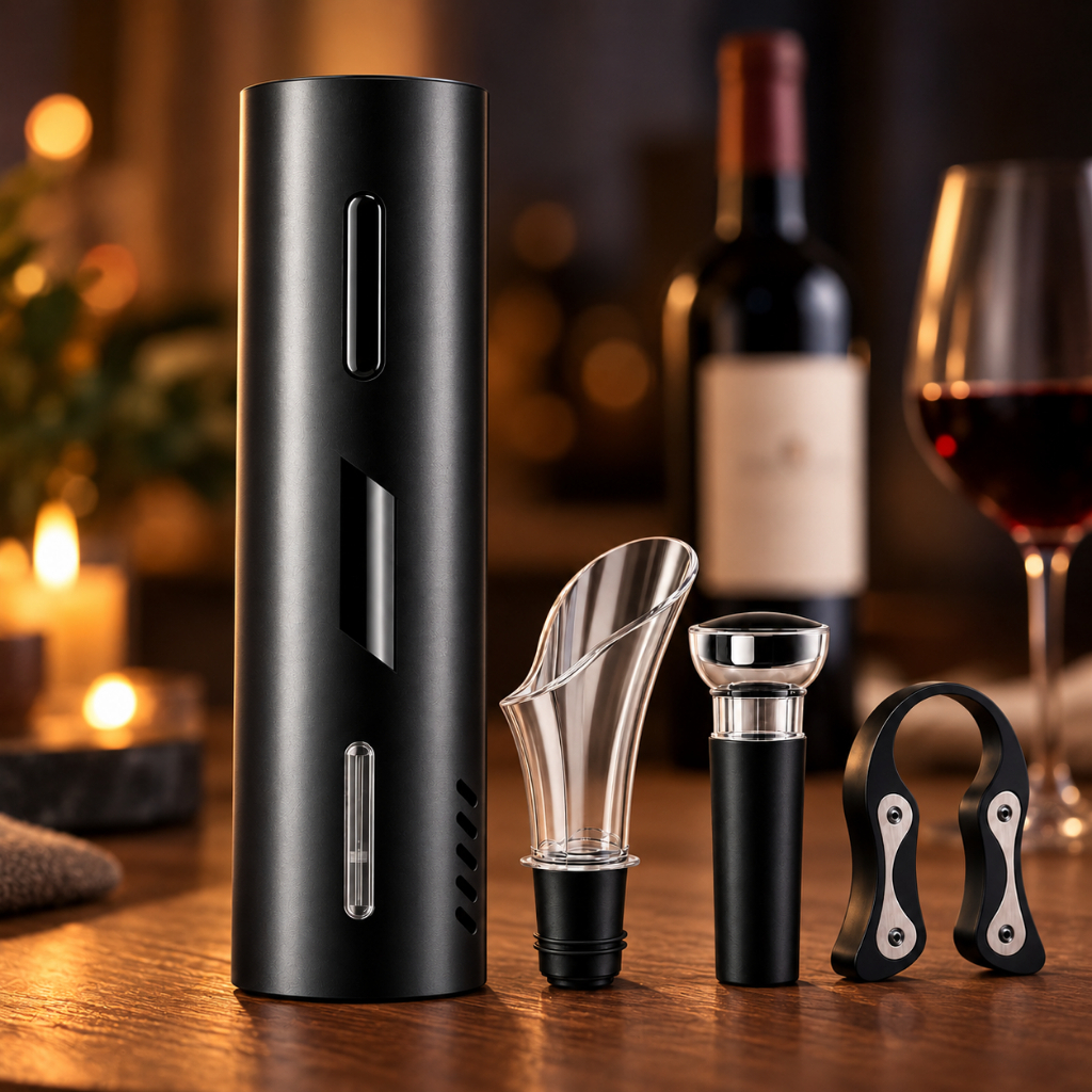 Kit Abridor De Vinho Elétrico Usb 4 Em 1 Com Base Saca Rolha