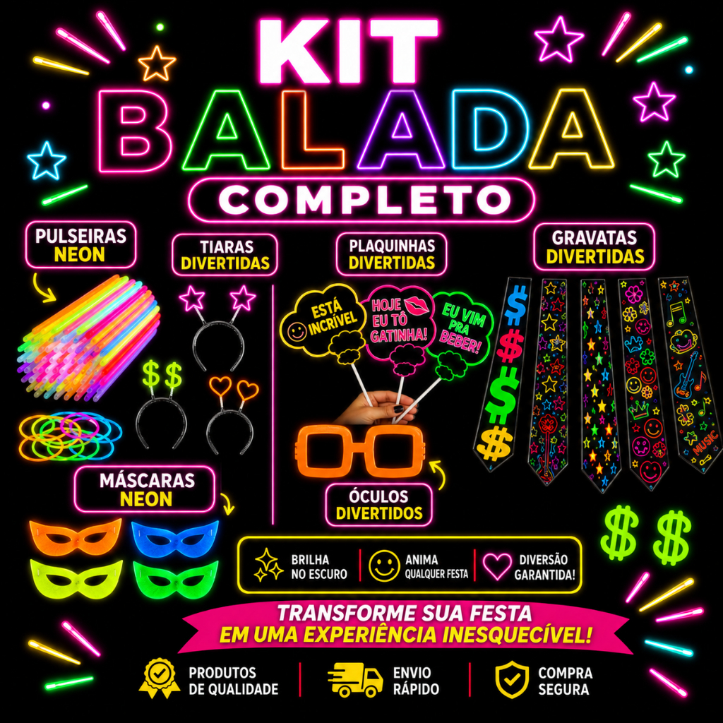 Kit Balada Festa Neon150 pçs Pulseira Tiara Óculos Plaquinhas Para Aniversário Casamento Debutante Festa Completa