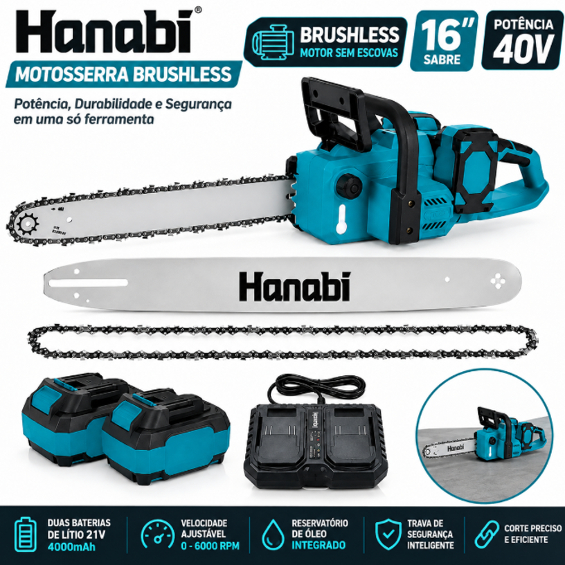 【Hanabi】Motosserra Brushless 40v 16 Polegadas 2 Baterias Sabre 46cm Azul-petróleo 127/220v