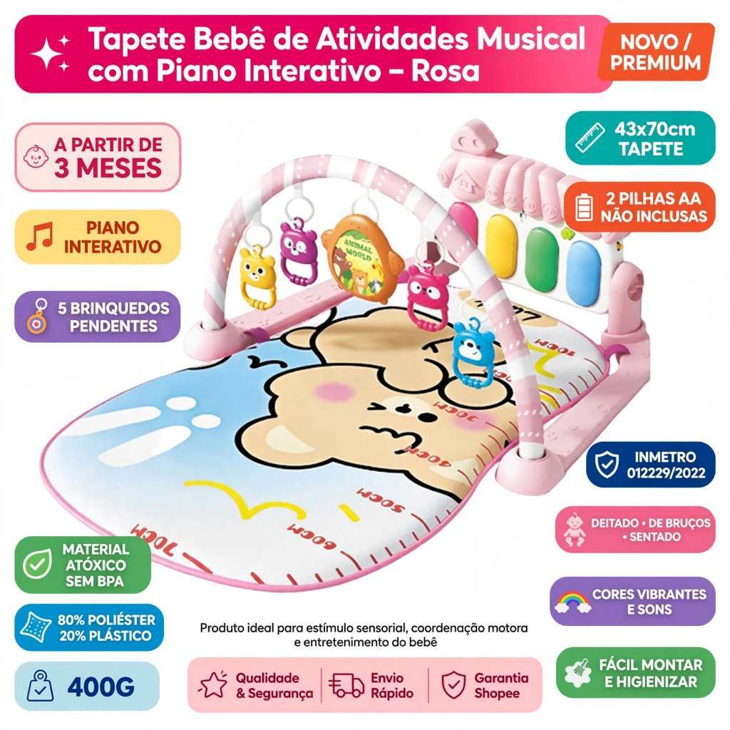 Tapete Bebê Atividades Musical Piano Interativo Rosa A Partir 3 Meses Centro Multissensorial Arco 5 Brinquedos Atóxico