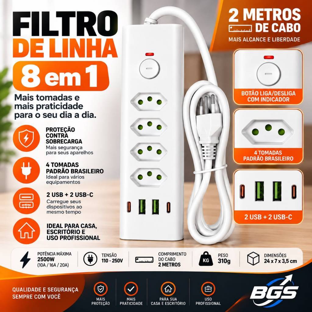 Régua Filtro de Linha com 8 Tomadas Extensão Elétrica Universal 2 USB 2USB-C  Bivolt 10A 110v/220v Cabo de 2 Metros BGS