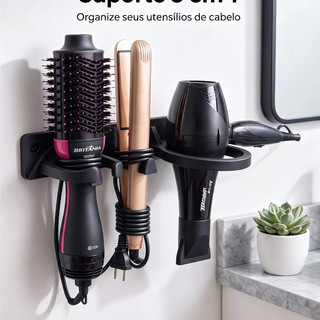 Suporte Organizador De Secador De Cabelo 3 em 1 Para Banheiro Salão Compativel Com ModeloTaiff Style
