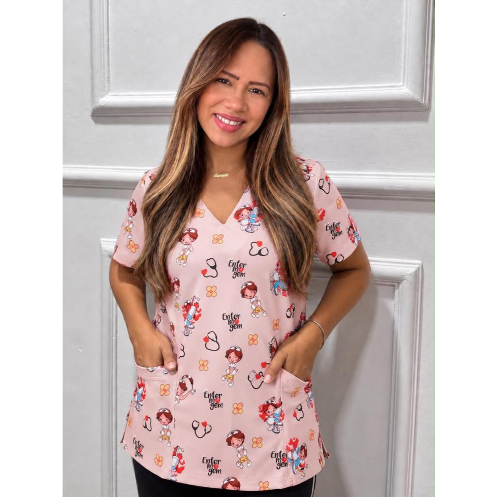 Blusa Bata Scrubs Feminina Estampada Educação Enfermagem Autista Autismo TEA No Tecido Oxford