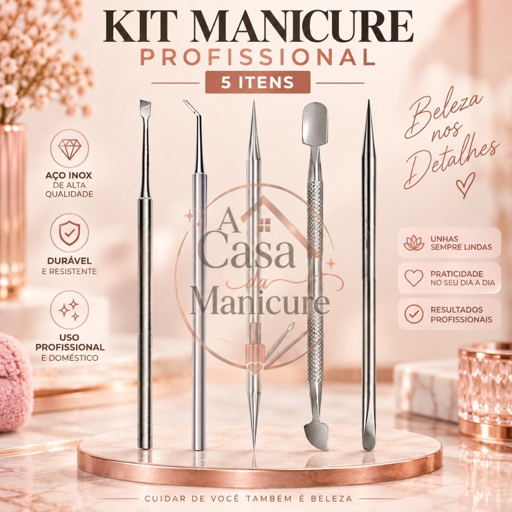 Kit Completo Manicure Profissional A Casa da Manicure 5 Peças Espátula e Empurrador Cutícula