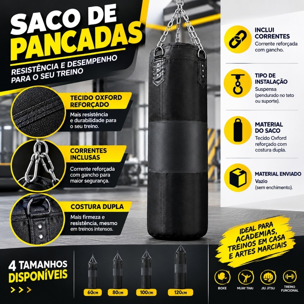 Saco de Pancada Boxe Reforçado Corrente Punch Diversos Tamanhos Treino Muay Thai MMA