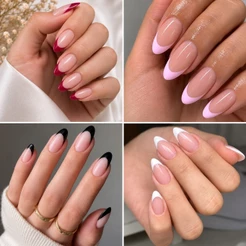 Unha Postiça Realista Francesinha Cores (Branco, Preto, Vermelho Escuro, Rosa Bebê) 24 Unidades