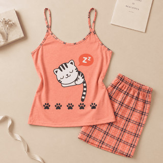 Baby Doll Gatinho Salmao Malha Premium Pijama Feminino Adulto Short e Alça Fina Verao Confortavel