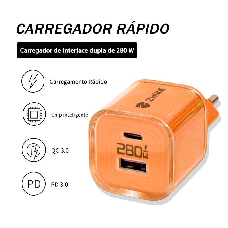 Carregador Tipo C Rápido Fonte ZHIKE Celular 2 Portas GaN USB Tomada Parede Duas Entradas Universal