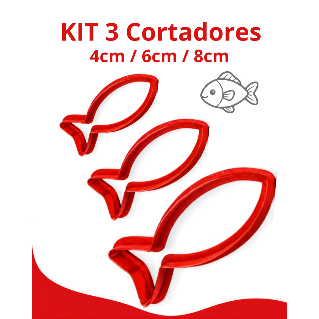 KIT 3 Cortadores Peixe Para Cerâmica Argila Biscuit Modelar Biscoito Confeitaria Decorativa Premium Monand 4, 6 e 8cm