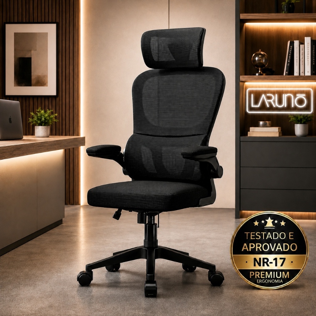 Cadeira de Escritório Ergonômica Giratória Presidente com Apoio Lombar, Braços Ajustáveis e Tecido Mesh- LARUNO