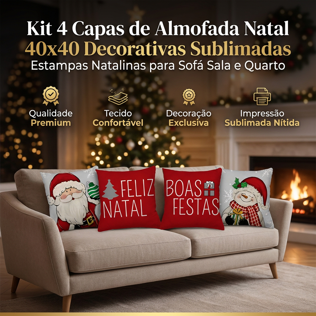 Kit 4 Capas de Almofada Natal 40x40 Decorativas Sublimadas Estampas Natalinas para Sofá Sala e Quarto