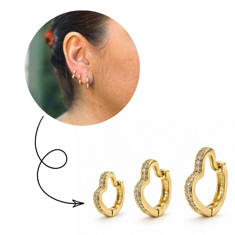 Trio Brincos Argola Coração Cravejada Zircônia Brilhante Dourado Kit 3 Tamanhos Feminino Romântico