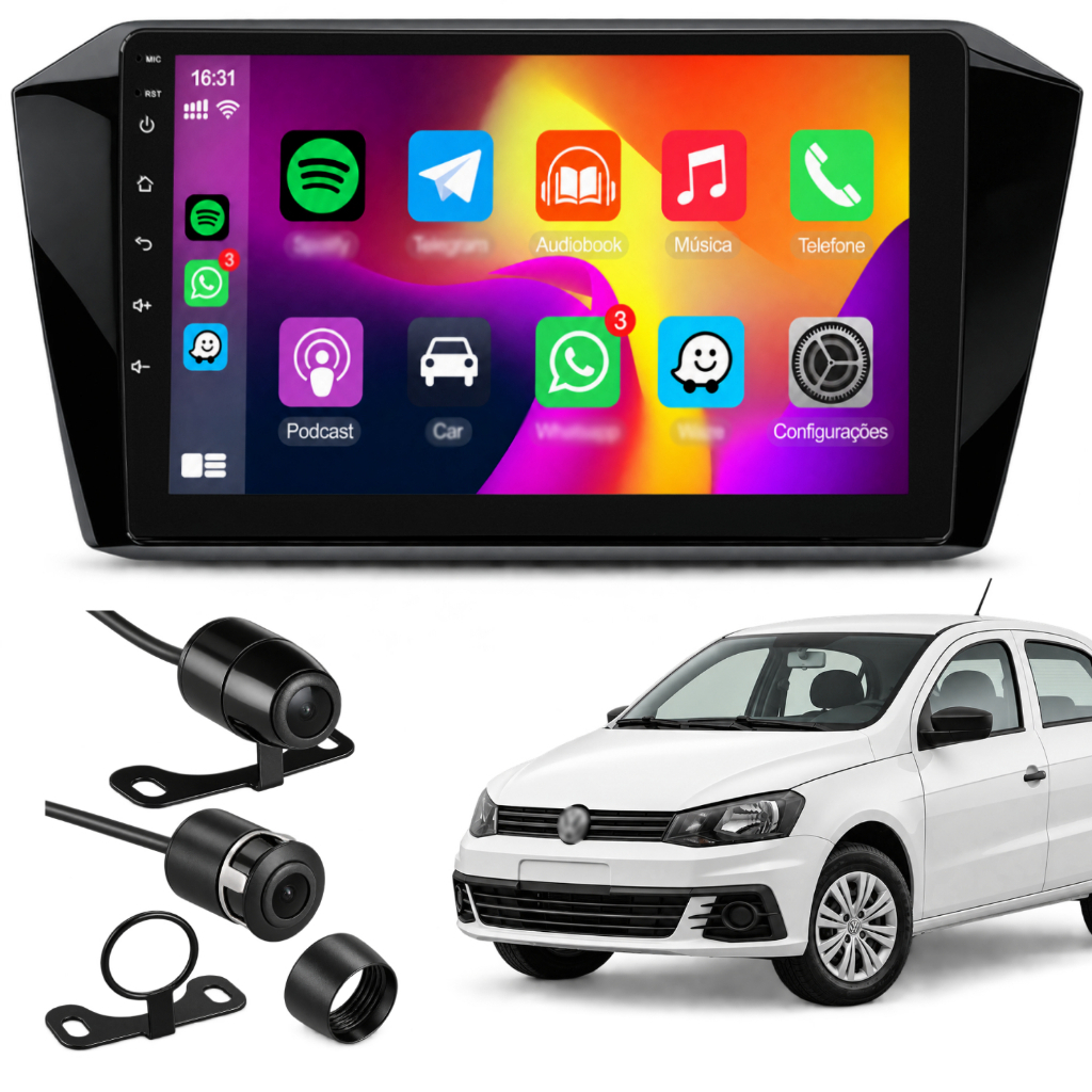 Central Multimídia MP5 9” Gol Saveiro Voyage G7 G8 2016 a 2023 CarPlay Android Auto Sem Fio Bluetooth Câmera Ré Moldura