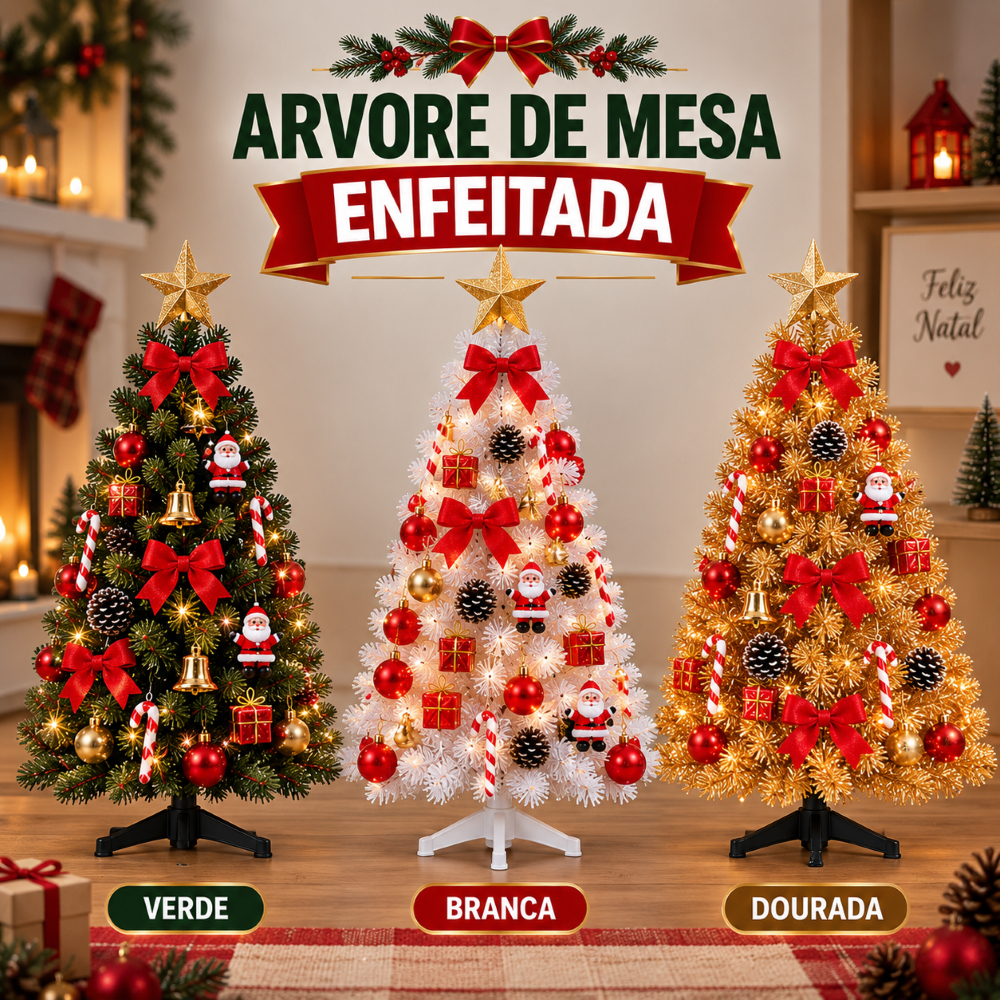 Árvore de Natal Decorada 90cm ou 60cm de Mesa com Enfeites Pisca 127v LED Bolas e Estrela