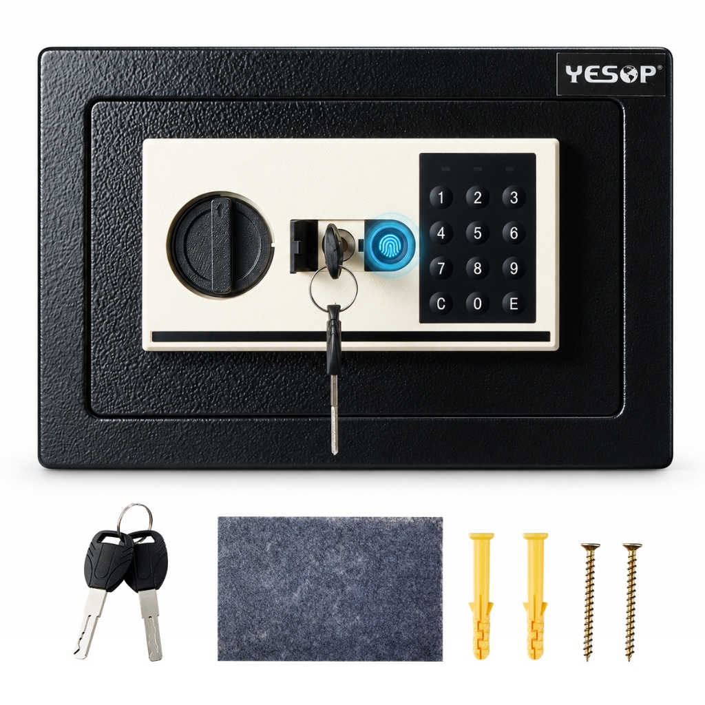 YESOP Cofre Eletronico 3 em 1 Biometrico Digital Senha Chave Seguranca Aco Parede Armario 31x21x21cm