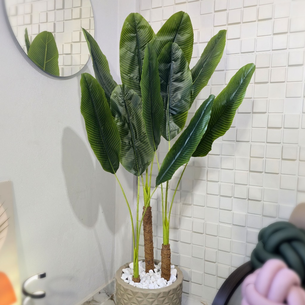 Arvore Bananeira Artificial Folha Grande 160cm Vaso Decoração Pedras