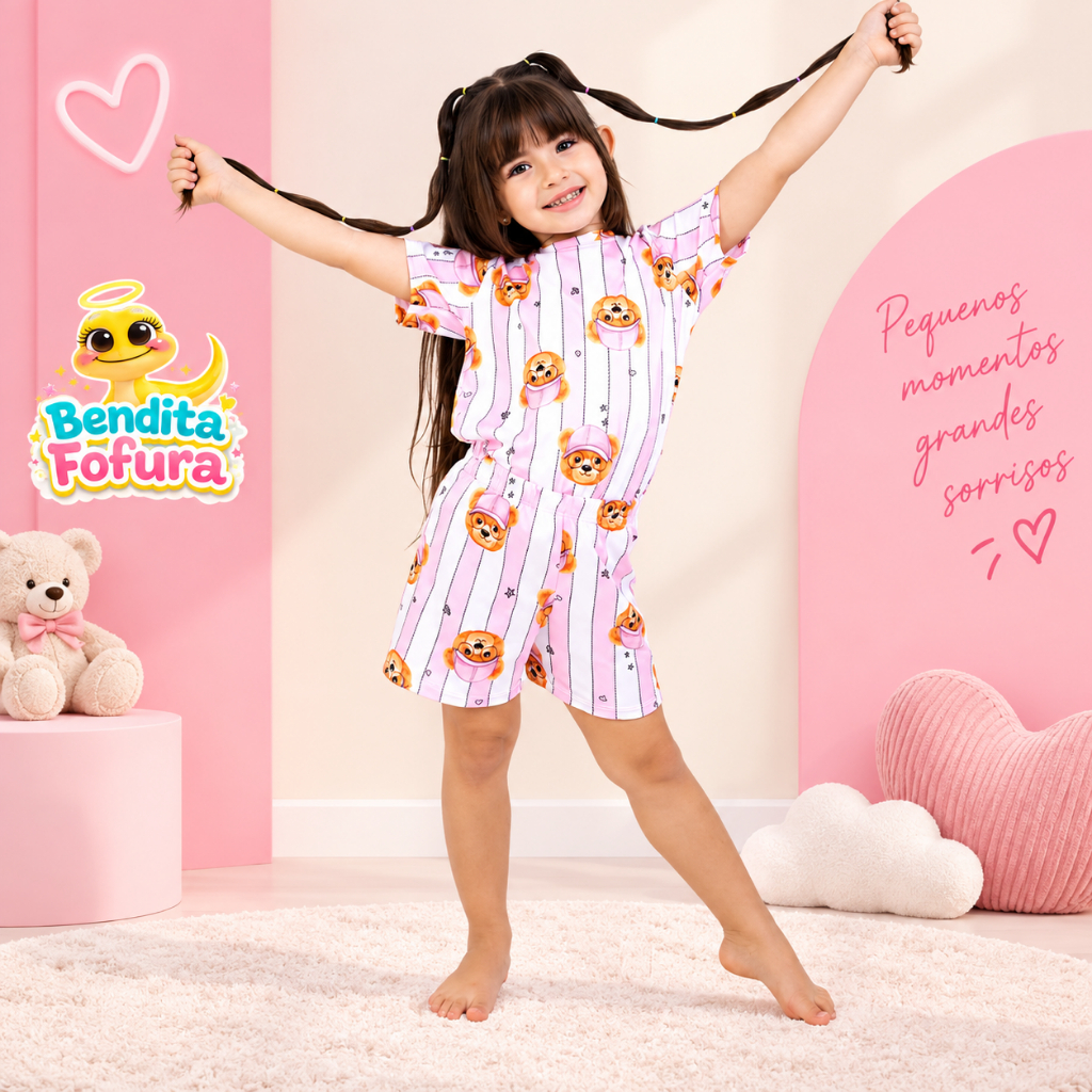 Pijama Infantil Menina Curto Conjunto Camiseta e Short Estampado Confortável