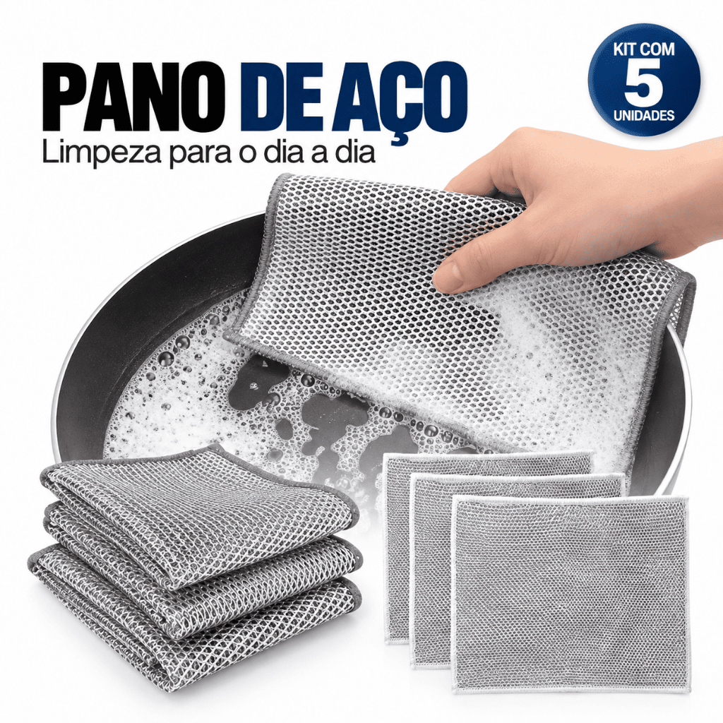 Pano de Aço Limpeza Reutilizável para Lavar Louça Panela Fogão Cozinha Kit 5 Unidades Tira Gordura