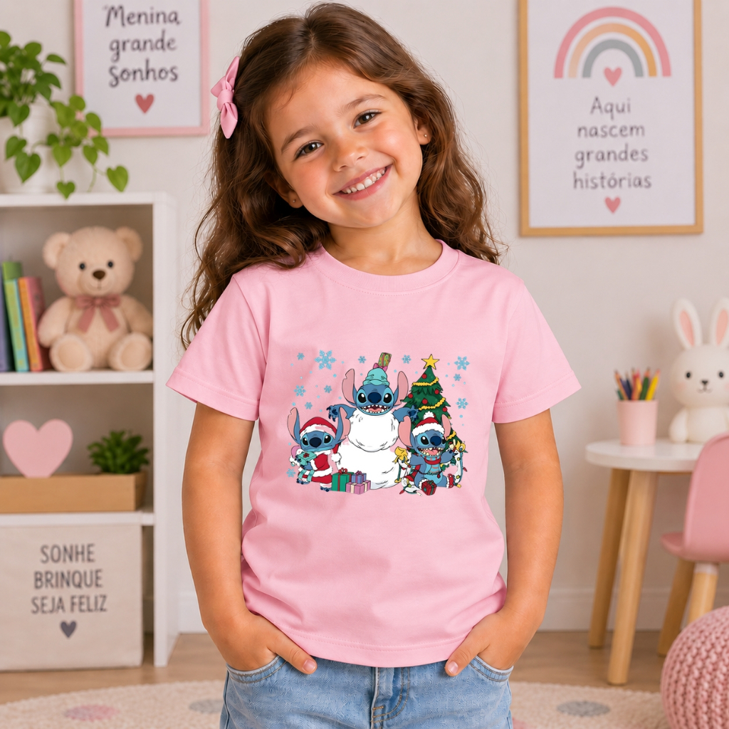 Camiseta Infantil Menina 100% Algodão Feminina Estampa Stitch Boneco De Neve Premium Manga Curta Confortável