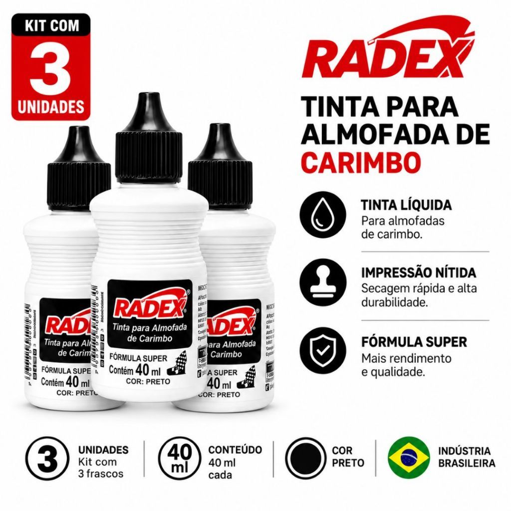 Kit 3 Tinta Almofada para Carimbo Preta Alto Rendimento 40ml