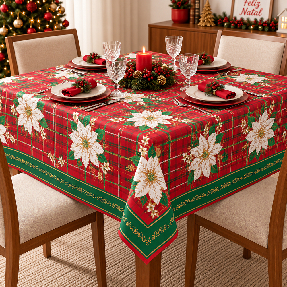 Kit 4 Toalhas De Mesa Natal 4 Lugares Quadrada Oxford Premium Estampadas Sortidas 1,40m x 1,45m