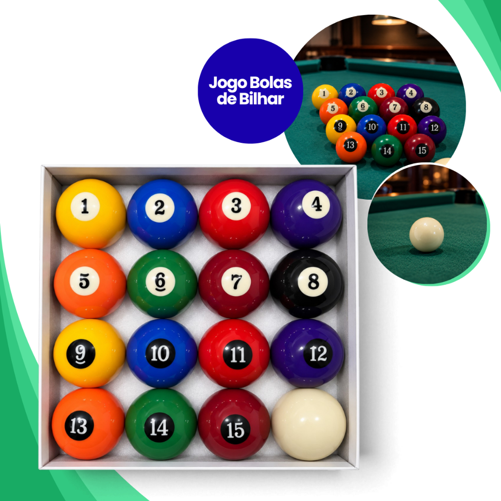 JOGO BOLA DE BILHAR 54MM NUMERADA + BOLÃO 57MM SINUCA SNOOKER