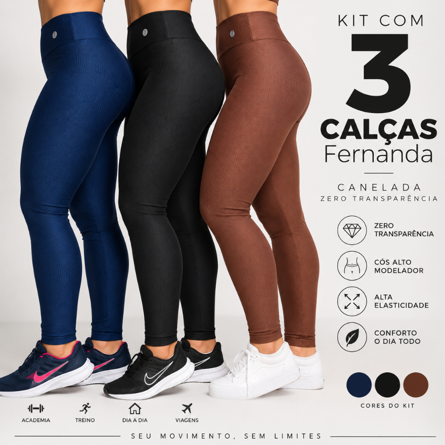 Kit 3 Calças Fernanda Canelada Feminina Fitness Zero Transparência Confortável Academia Treino Confortavel