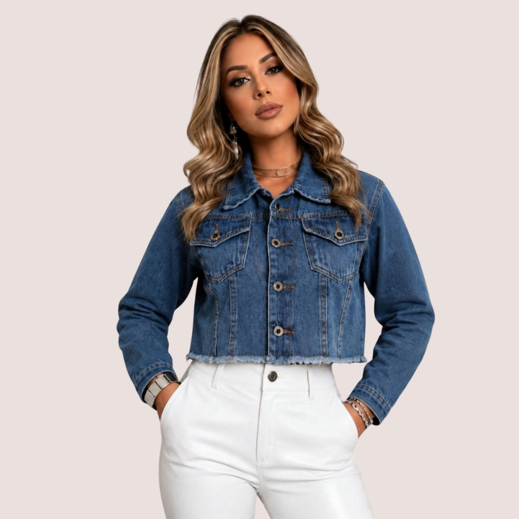 Jaqueta Jeans Cropped Feminina Marmorizada com Barra Desfiada