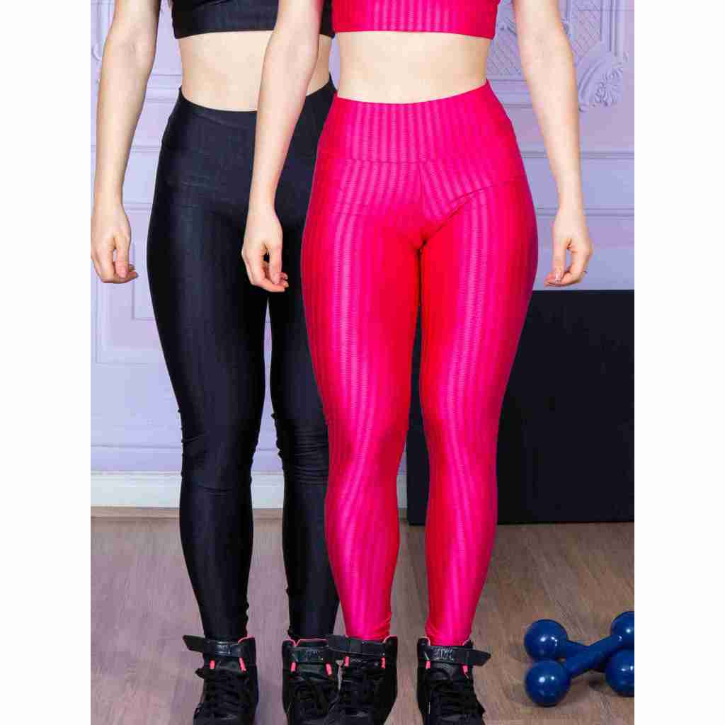 Kit 2 Calça Legging 3D Cós Reto Feminina Fitness Cintura Alta Academia Treino Poliamida