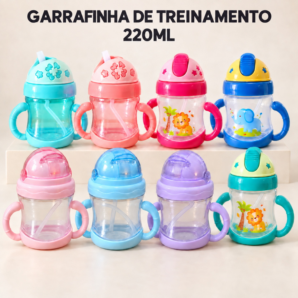 Garrafa de Água Infantil 220ml Copo de Treinamento para Bebê com Alça e Bico de Silicone Garrafinha de Plástico