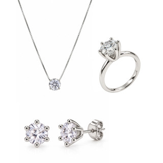 Kit Conjunto Feminino Ponto de Luz Prateado  3Peças – Colar com Pingente, Brincos de Zircônia e Anel Solitário Ajustável