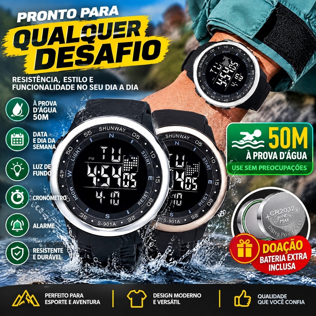 Relógio Esportivo Masculino à Prova d'Água com Pulseira de Silicone Leve Relógio Digital para Pulso Presente
