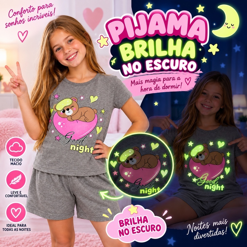 Pijama Infantil Menina 100% Algodão Brilha no Escuro Estampado Confortável