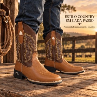 Bota Texana Masculina Country Cowboy Western Cano Alto para Rodeio Fazenda Trabalho Festa e Uso Casual.