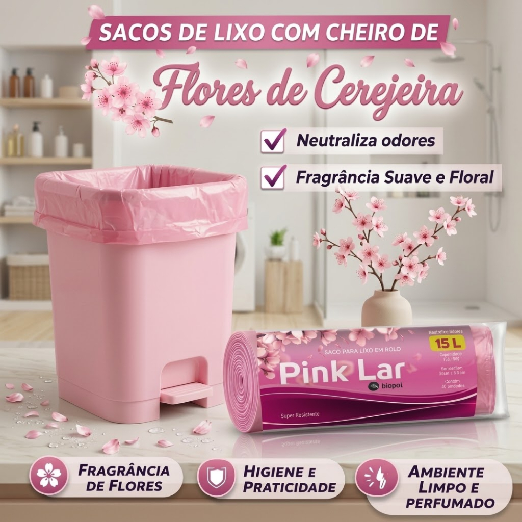 Saco de Lixo Rosa Perfumado 15L com 40 Unidades Para Banheiros E cozinha Neutralizador de Odores Direto da Fábrica