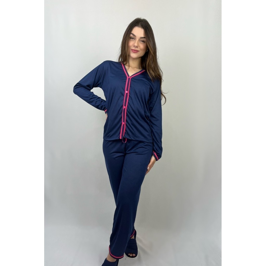 Pijama De Inverno Botão Feminino Americano Manga Longa Pijama Blogueirinha