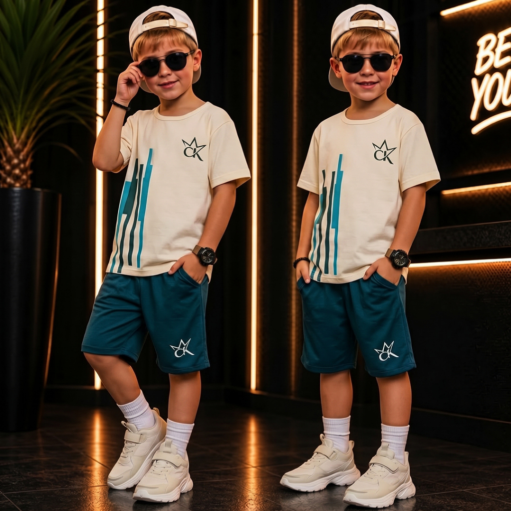Conjunto Infantil Menino Estiloso Verão Lançamento Juvenil  Camiseta e Bermuda Veste Do 2 ao 12 anos