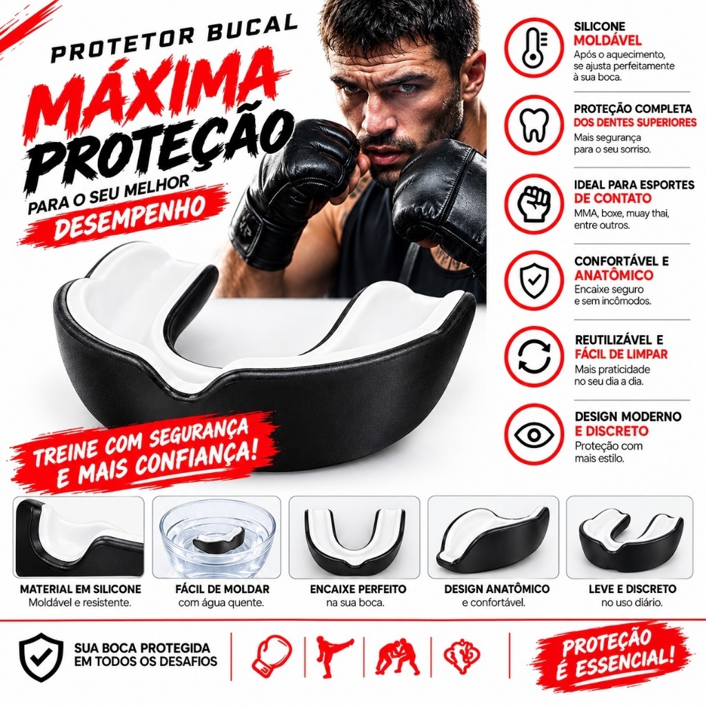 Protetor Bucal Termomoldável Adulto Esportes Contato Cor Preto  Silicone JustGoFit