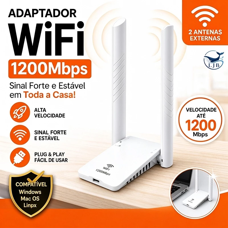 Roteador WiFi 1200M com Interface USB Placa de Rede Sem Fio 2.4GHz 2 Antenas AL-UW23D