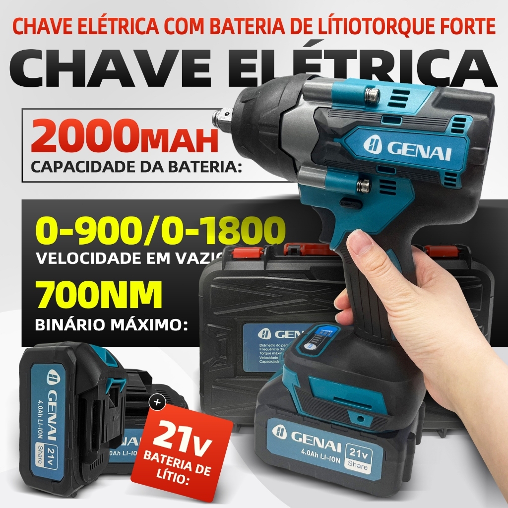 Chave Impacto Profissional 21V 700RPM - 2 Baterias, Motor Brushless e Case - GN-574B