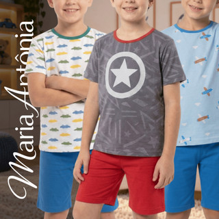 Kit Combo c/ 1, 2 ou 3 Pijamas Infantil Masculino Estampado Blusa e Short Promoção Pronta Entrega Envio Rapido