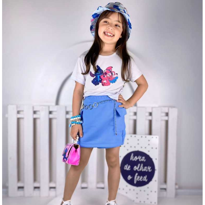 Conjunto Infantil Juvenil Feminino Menina  Stitch e Angel com Short  Saia Azul  – Tamanhos 4 ao 14