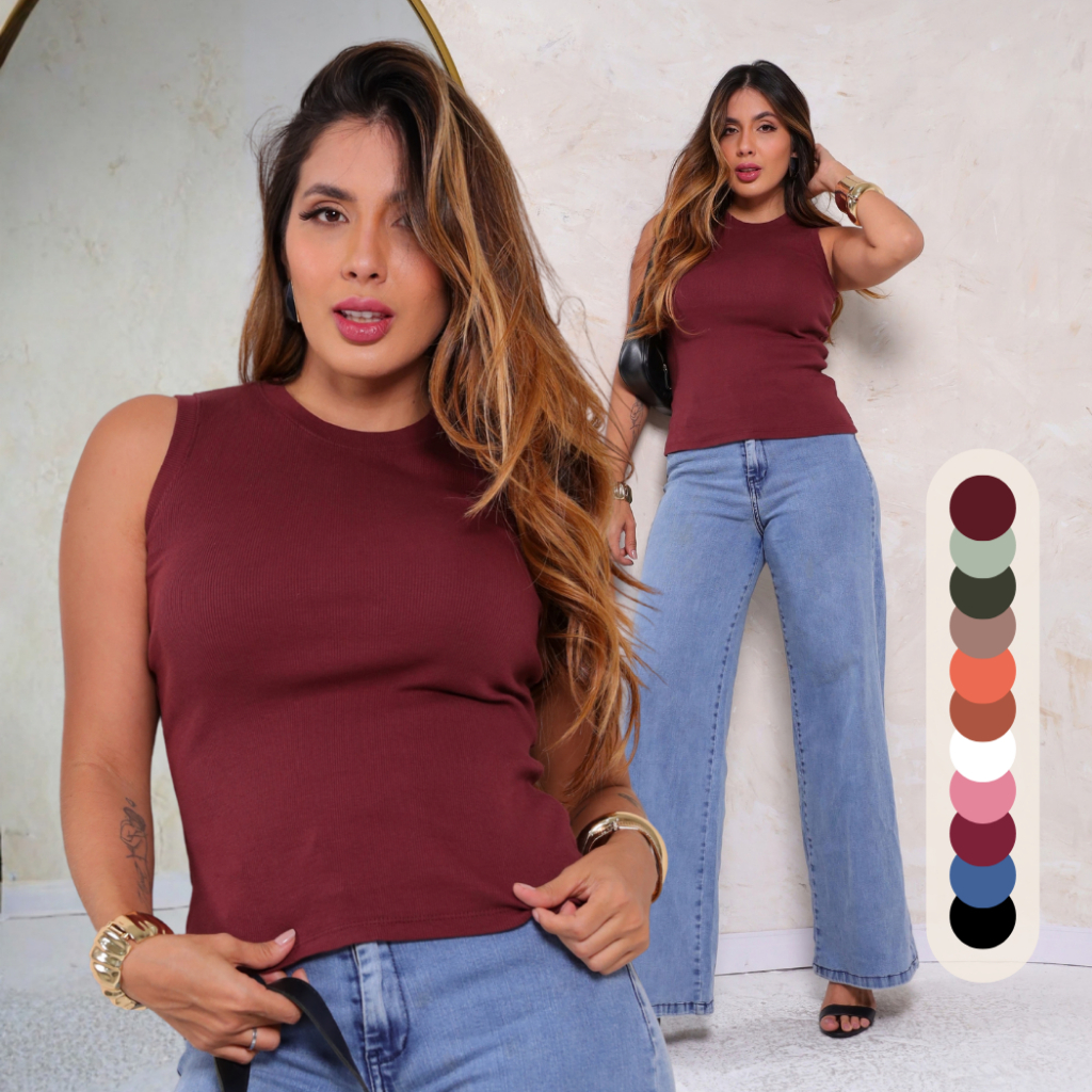 Blusa Regata Canelada Feminina Gola Redonda Confortável Casual Despojada Leve Elegante Verão