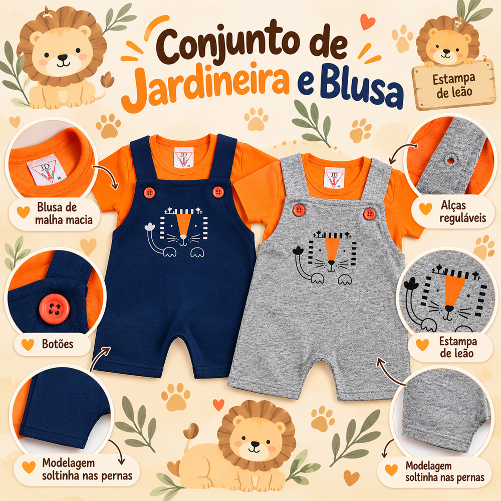 Conjunto Jardineira Masculina Para Meninos Estampa de Leão com Camiseta de Algodão