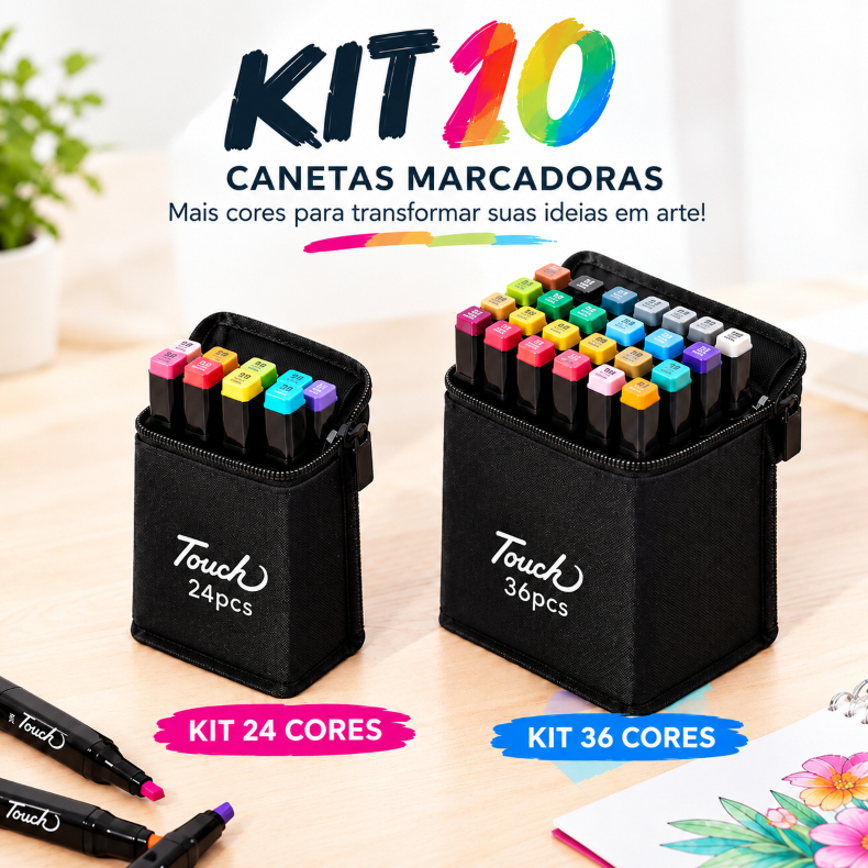 Kit 10 Estojos Canetas Touch 24/36 Cores Marcadores Ponta Dupla para Desenho